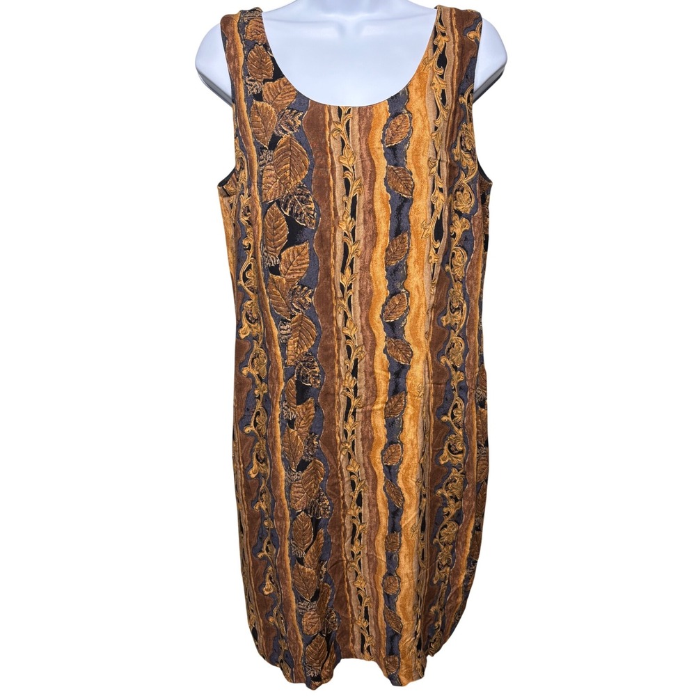 VTG 90s BYER STUDIO Womens Brown Gold Leaf Stripe Sleeveless Sheath Dress Sz 12